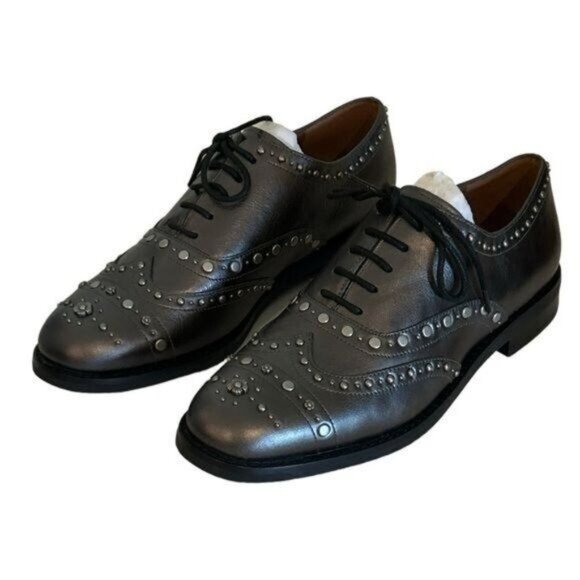 Coach Tegan Oxford Black Leather Tea Rose Studs Lace Up Shoes Size 7 B NWOT - Picture 6 of 7